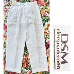DSM Deepsolemen Mens Vintage Semi Sheer 100% Ivory Linen Check Pleated Pants